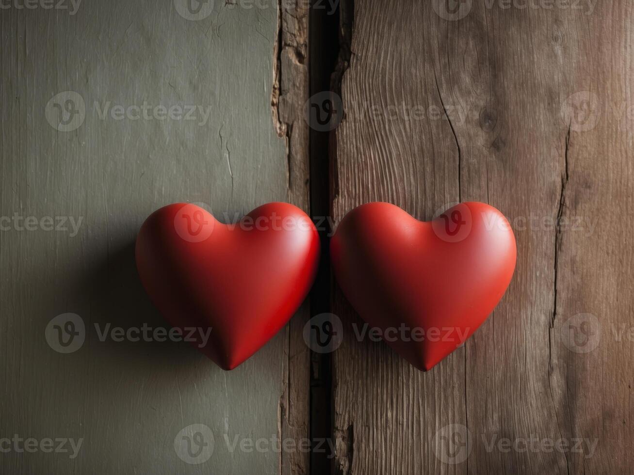 Valentine's day background with two red hearts on wooden background photo