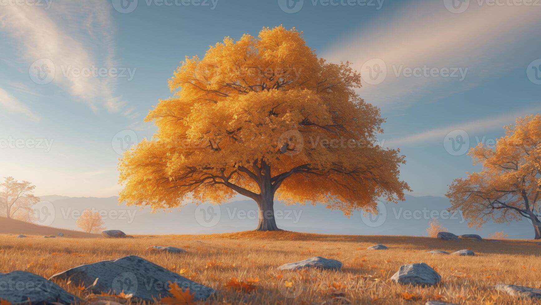 Majestic golden tree standing in a serene landscape during fall photo