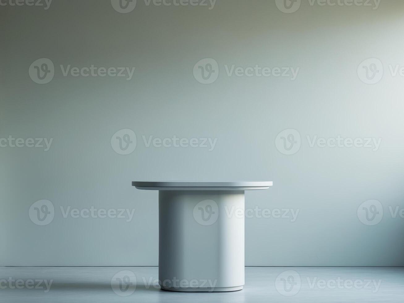 A white table in front of a wall photo