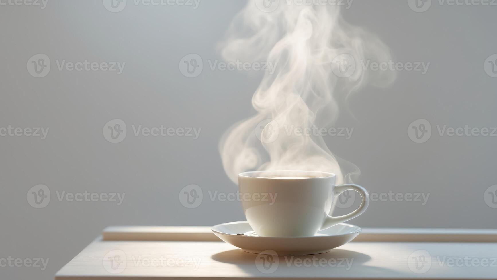 A cup of coffee is on a table with steam coming out photo