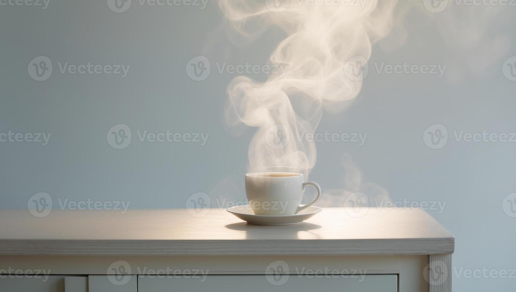 A cup of coffee on a table with steam coming out of it photo