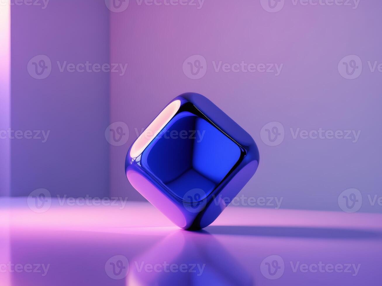 A blue cube sitting on a table with a purple light photo