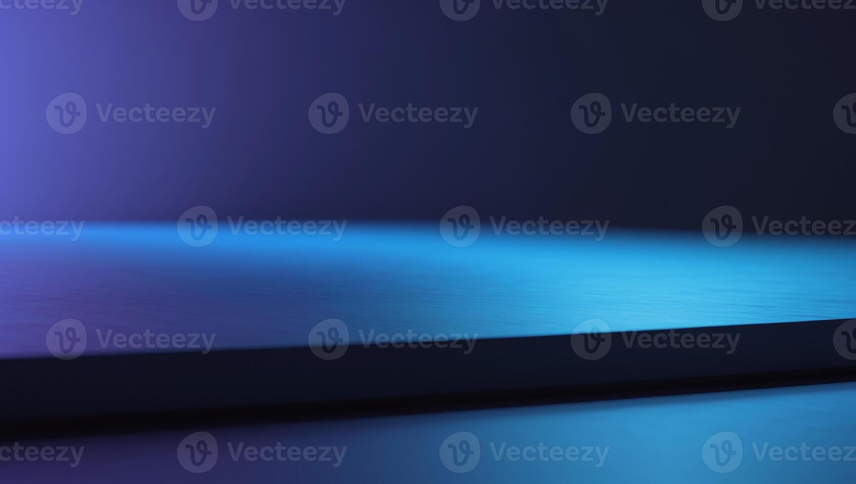 A blue and purple light is shining on a table photo