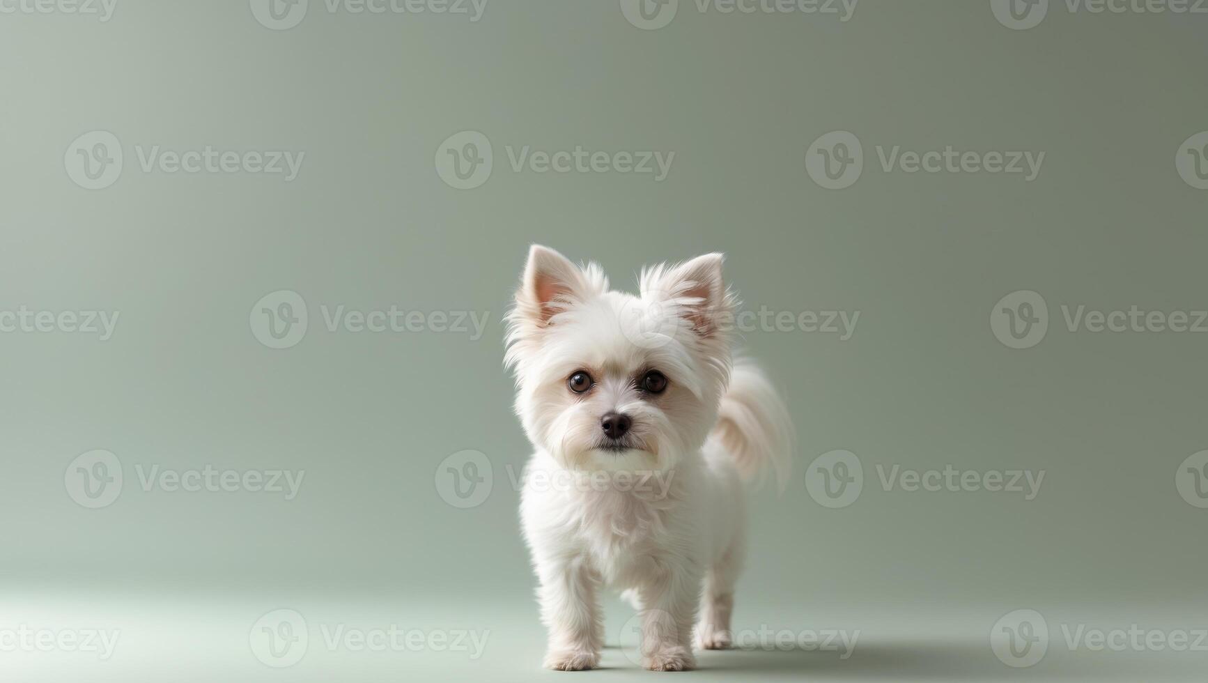 A small white dog standing on a green background photo