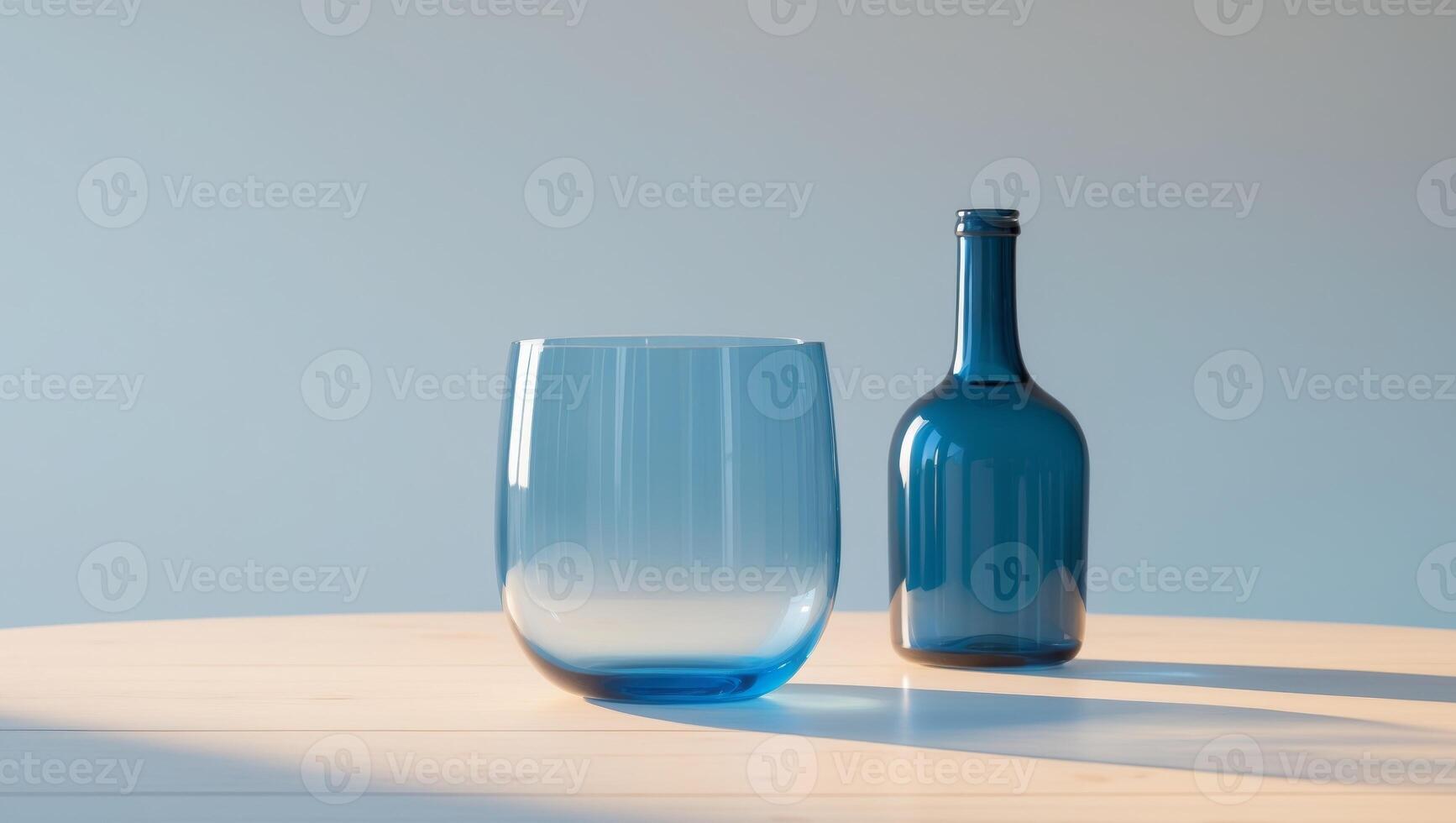 A blue glass and a bottle of wine on a table photo