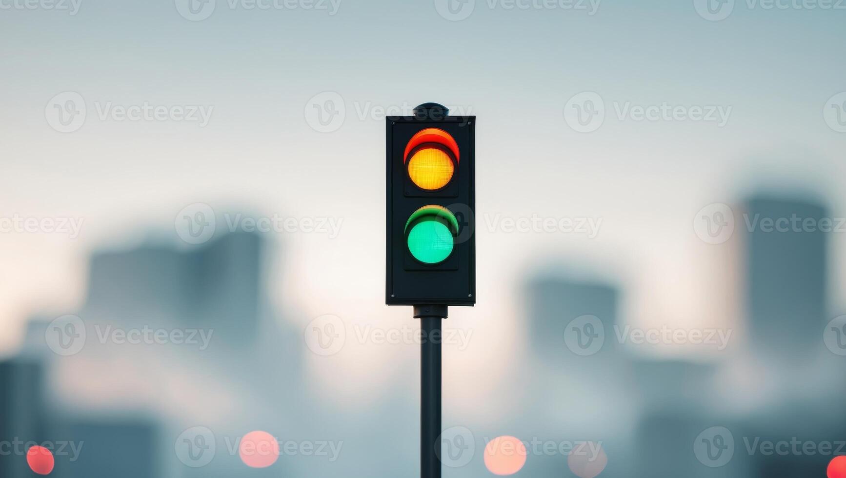 A traffic light is shown in front of a city photo