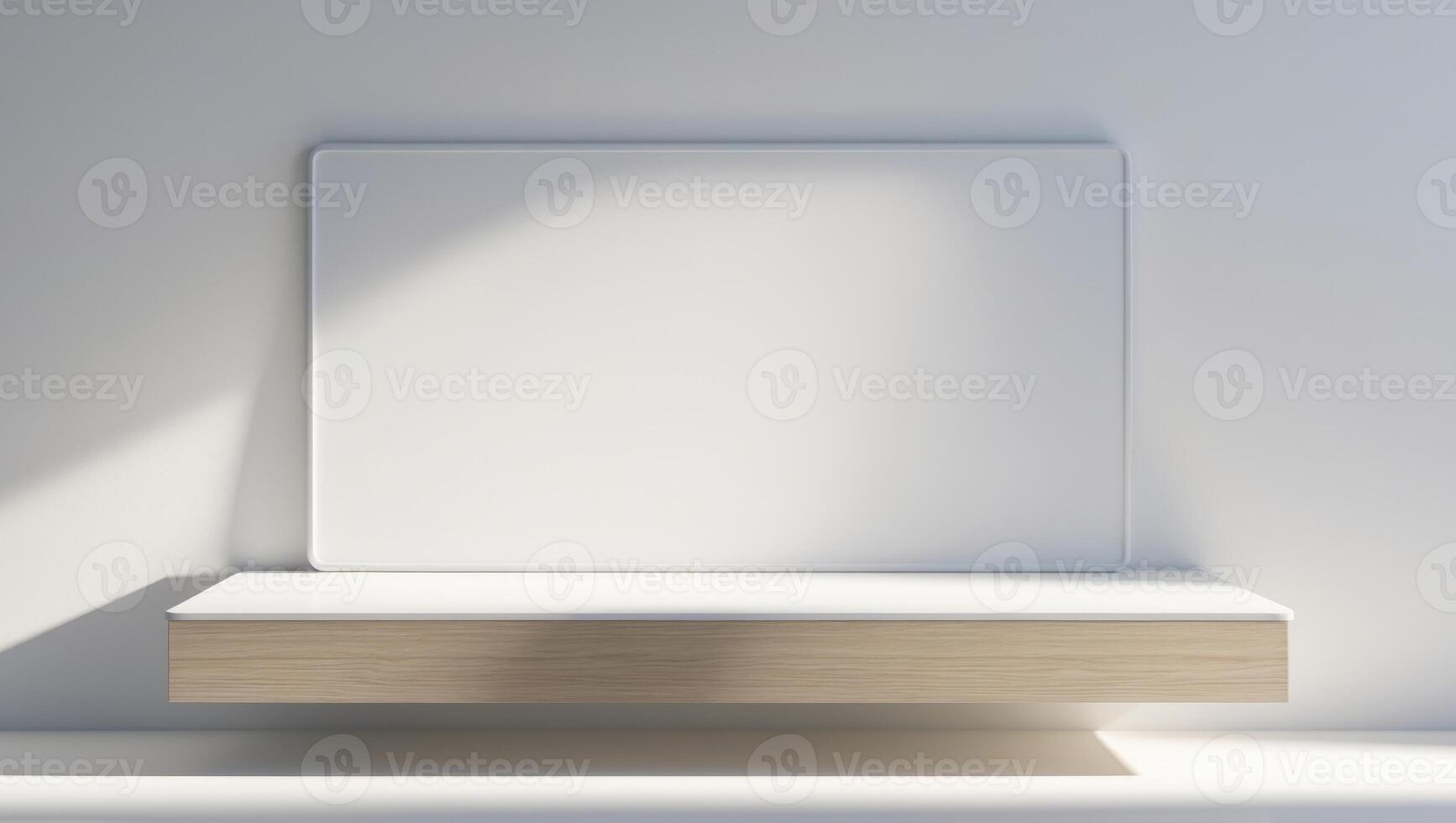A white shelf with a wooden shelf and a mirror photo