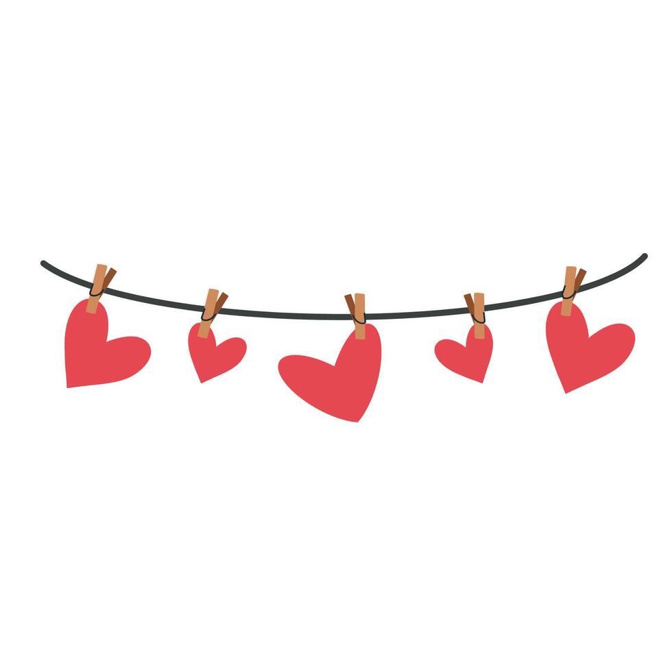 Cute hearts hanging on clips. Decoration for Valentine's Day. The perfect background to add your own text vector