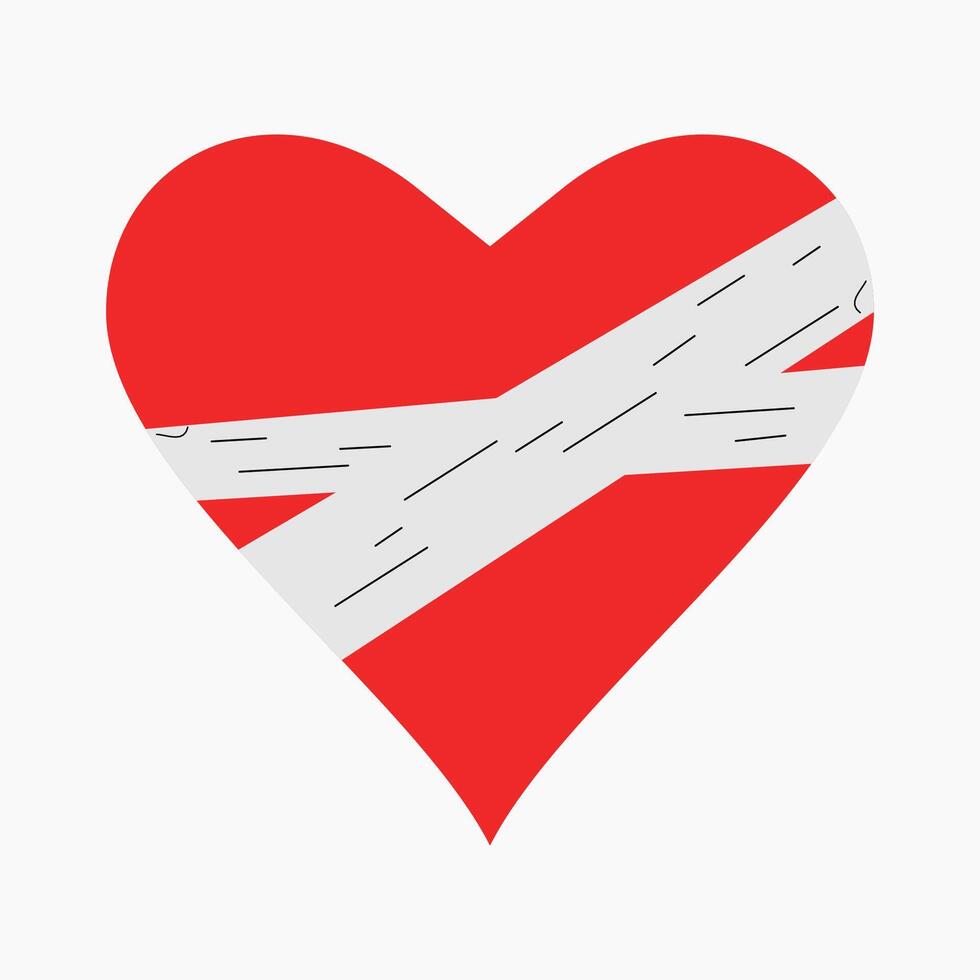 Illustration of a red heart shape featuring a white bandage-inspired detail symbolizing healing. Perfect for concepts like love, care, support, and recovery in personal and emotional contexts. vector