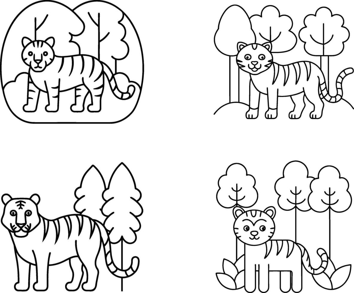 Cute Tiger Forest Line Art Coloring Pages for Kids vector