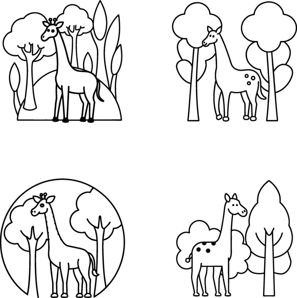 Cute Giraffe Forest Line Art Coloring Pages for Kids vector