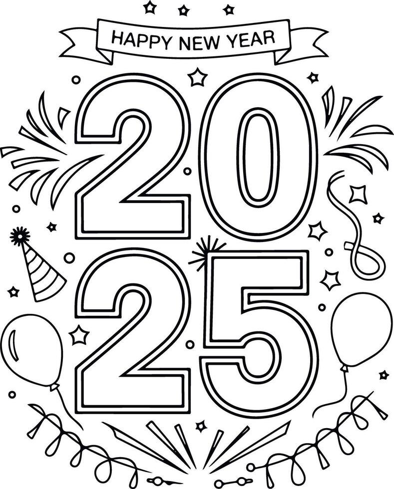 Celebratory 2025 Coloring Sheet for New Year Fun vector