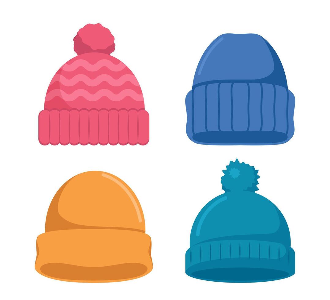 Winter hats collection. Knitting headwear for cold weather. illustration. vector