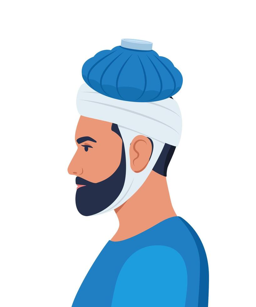 Man suffers from headache and applies ice pack to head. Head injury, trauma, first aid. illustration. vector