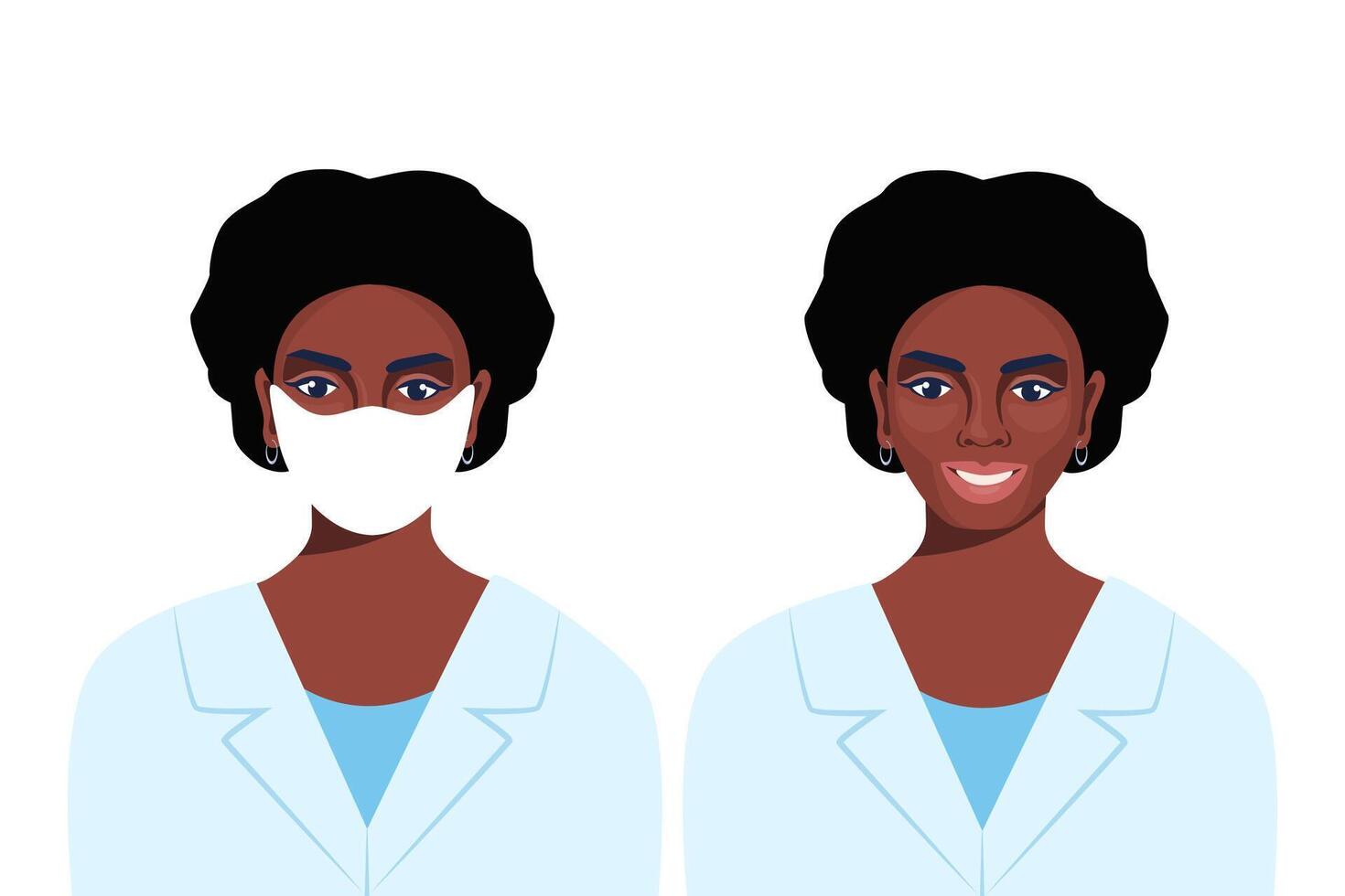 Black woman, doctor or nurse portrait in medical robe, who is wearing face mask, and without face mask. illustration. vector