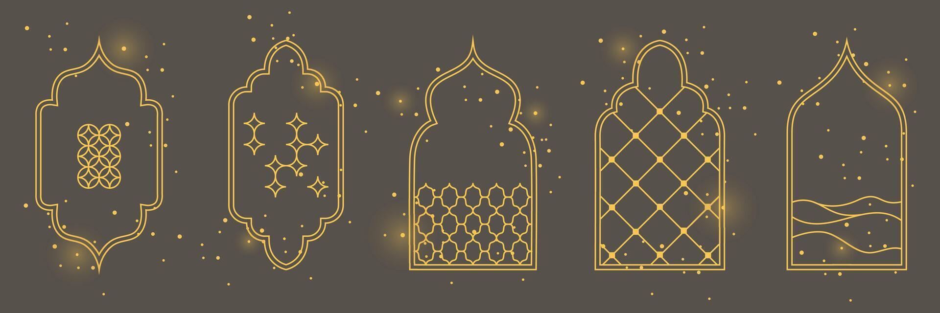 Collection of Islamic windows, arches, door mosques, and mosque domes for Ramadan Kareem and Eid Mubarak. Modern Arabian windows and arches set. vector