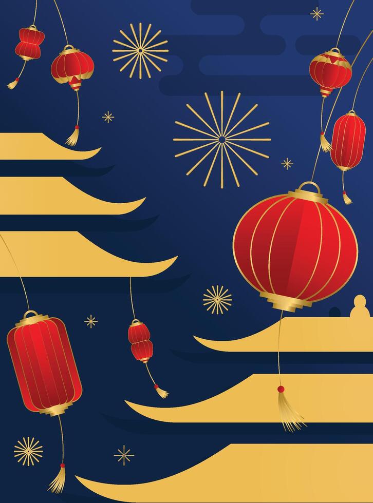 Blue Chinese New Year with Castle. Portrait banners, greeting cards, and traditional Chinese designs. vector