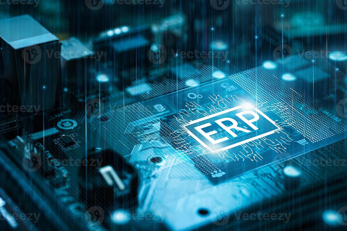ERP enterprise resource and planning concept. Enterprise resource planning. Business concept. AI and future modern technology. Virtual digital ERP screen display panel. photo