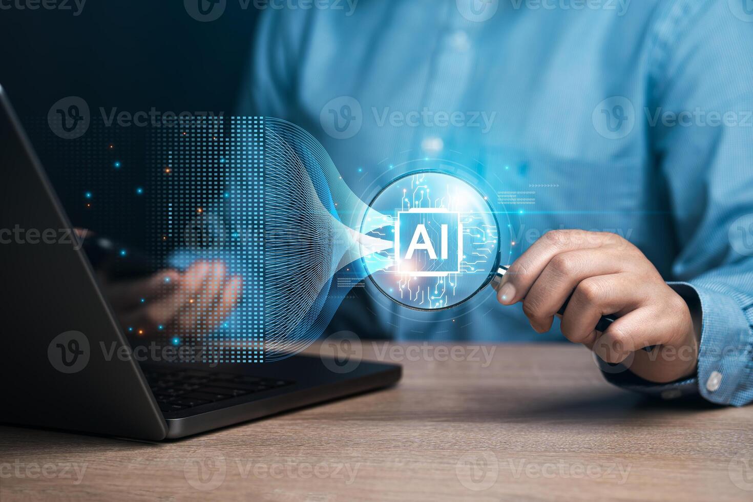 Businessman using AI tools, intelligent robot technology Learning of digital chatbot tools Future and global connectivity innovations to enable access to information and online networks. photo