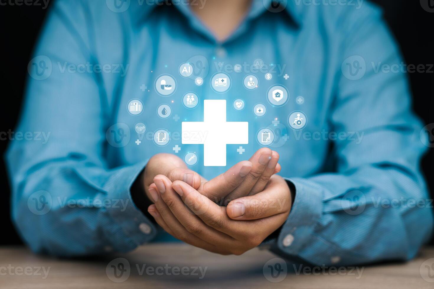 Male hand holding plus icon for healthcare medical concept. Insurance, accident insurance, travel protection and access to health benefits. photo