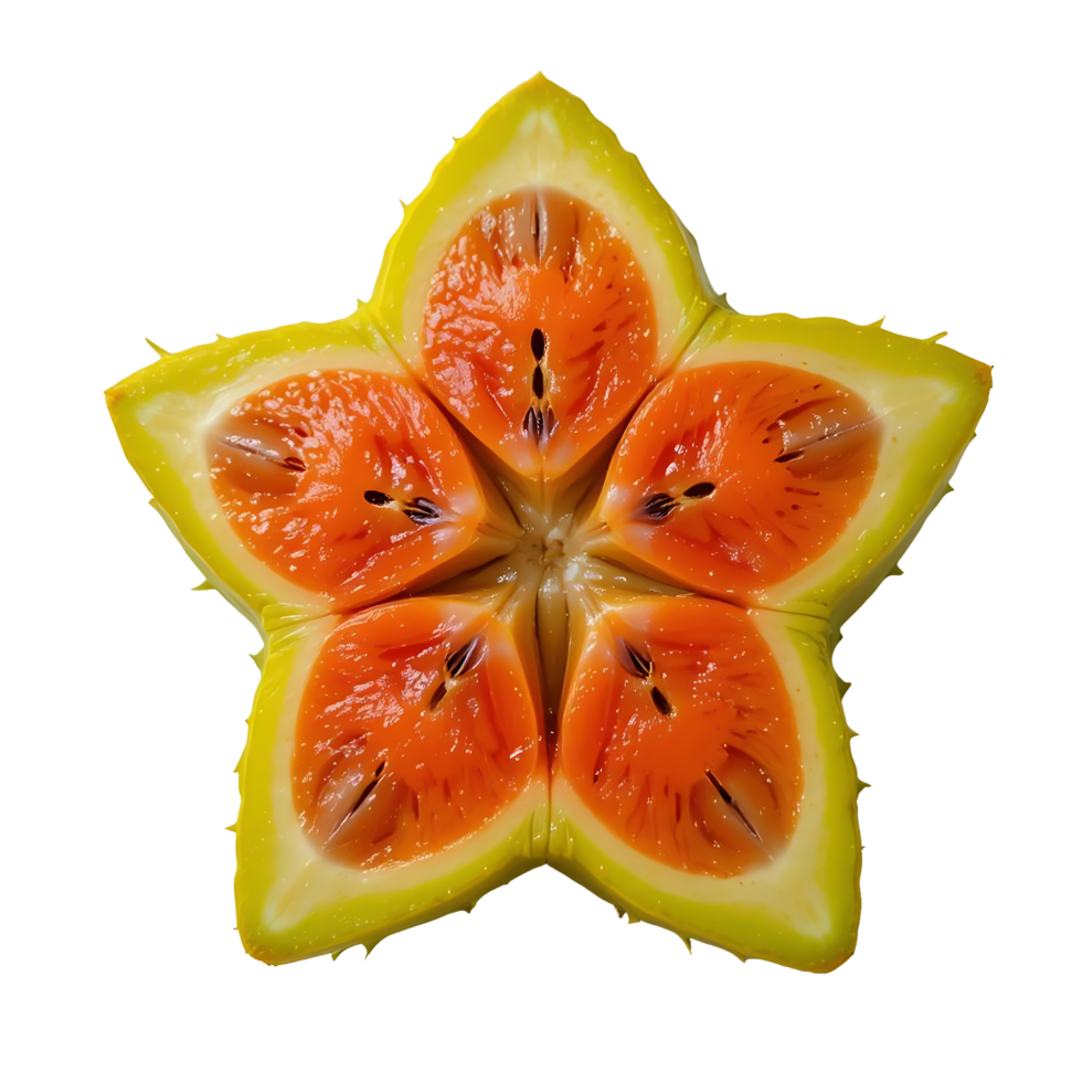 A star shaped fruit with slices cut out of it png