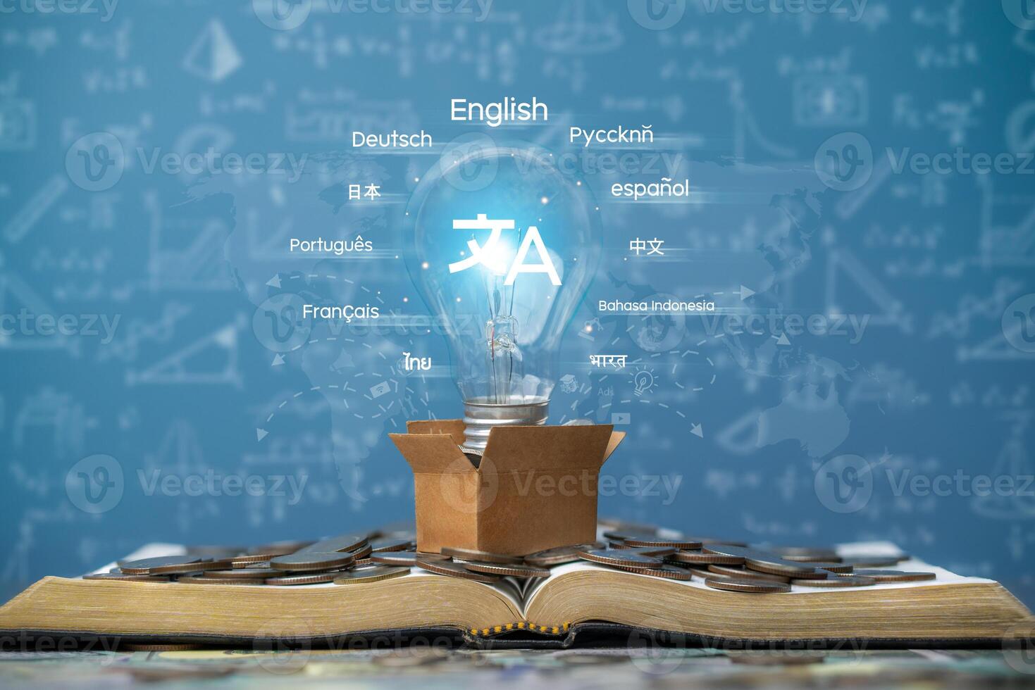 Online learning concept, language translation app, language courses. Light bulb placed on a book with foreign language translation on the website. Ai translation program photo