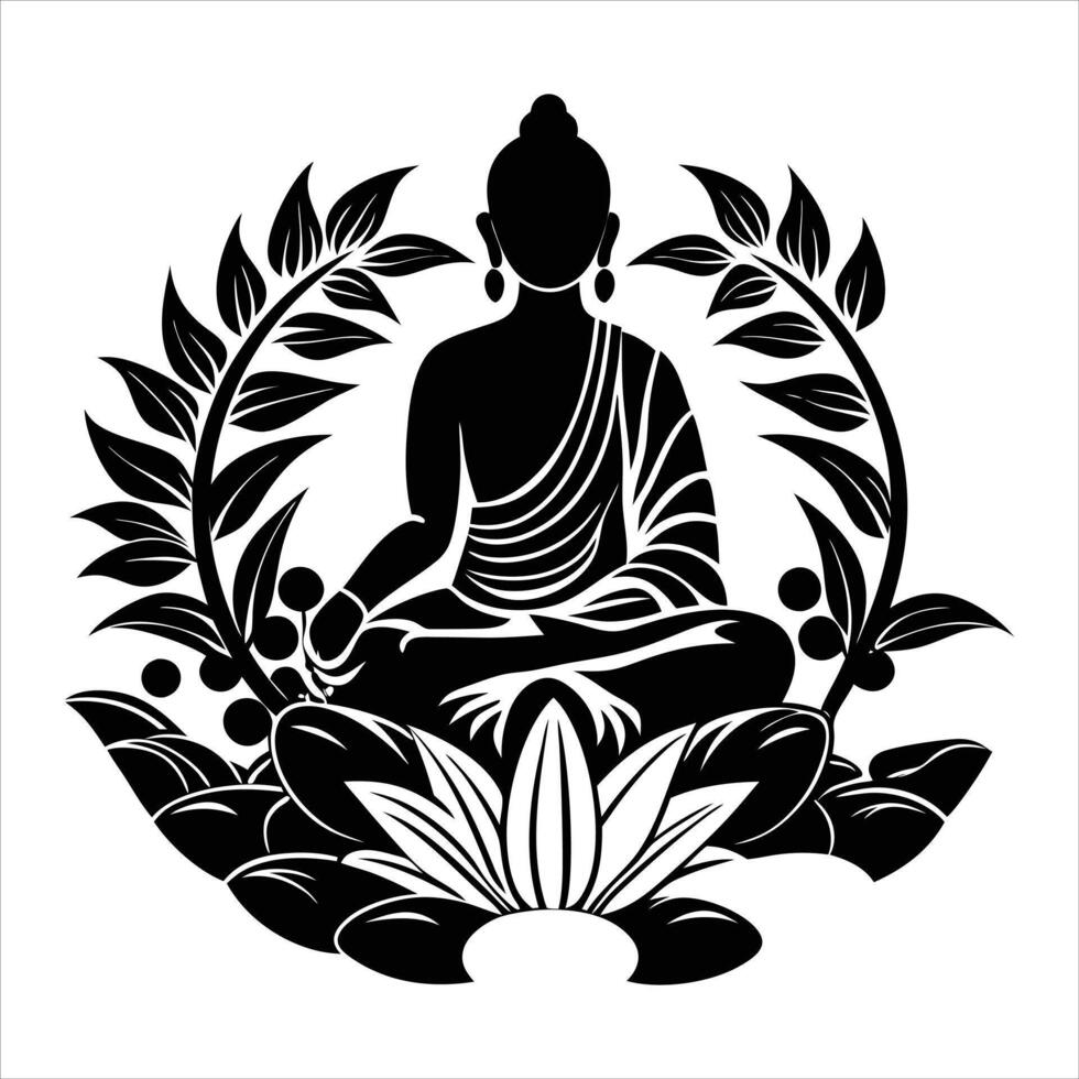 statue of buddha sits on a rock with flowers vector
