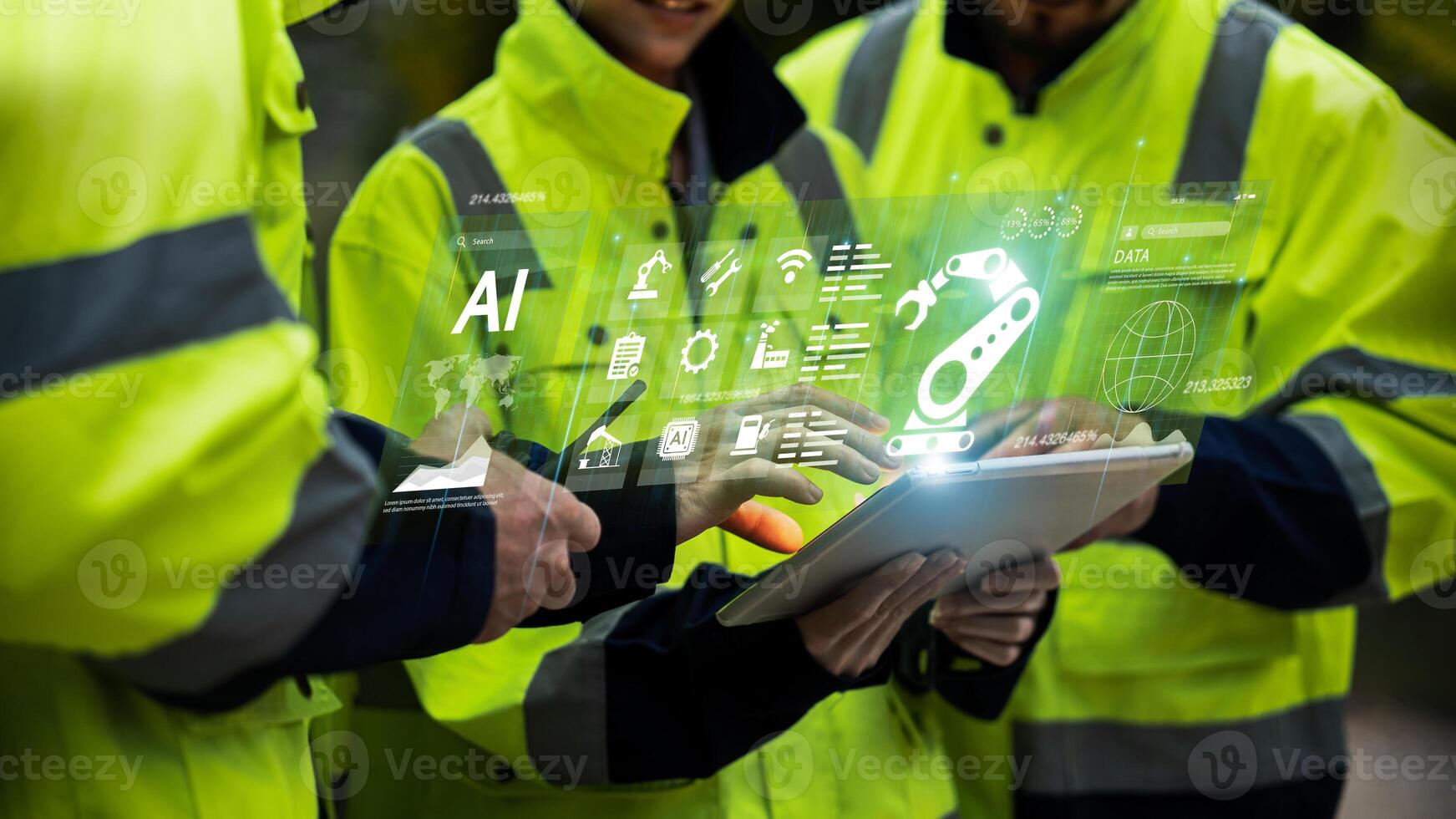Industrial engineer controls intelligent robots of digital factory. Industrial revolution, Robot control engineer, Automatic arm machinery. Teamwork to collaborate on new projects with AI system. photo