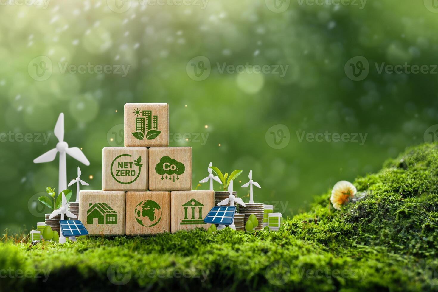 sustainable green building environmentally friendly buildings Future green business idea Environmental sustainability target. Green building icon on wooden blocks with 3D statue on green background. photo