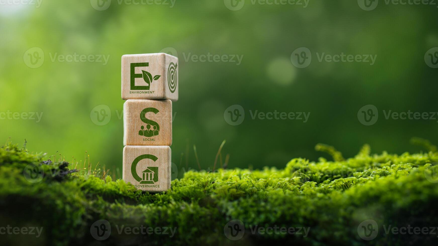 ESG concept for environmental, social, and governance in sustainable. Sustainable Environmental Organization Development of the World, ESG word on green background wooden blocks photo