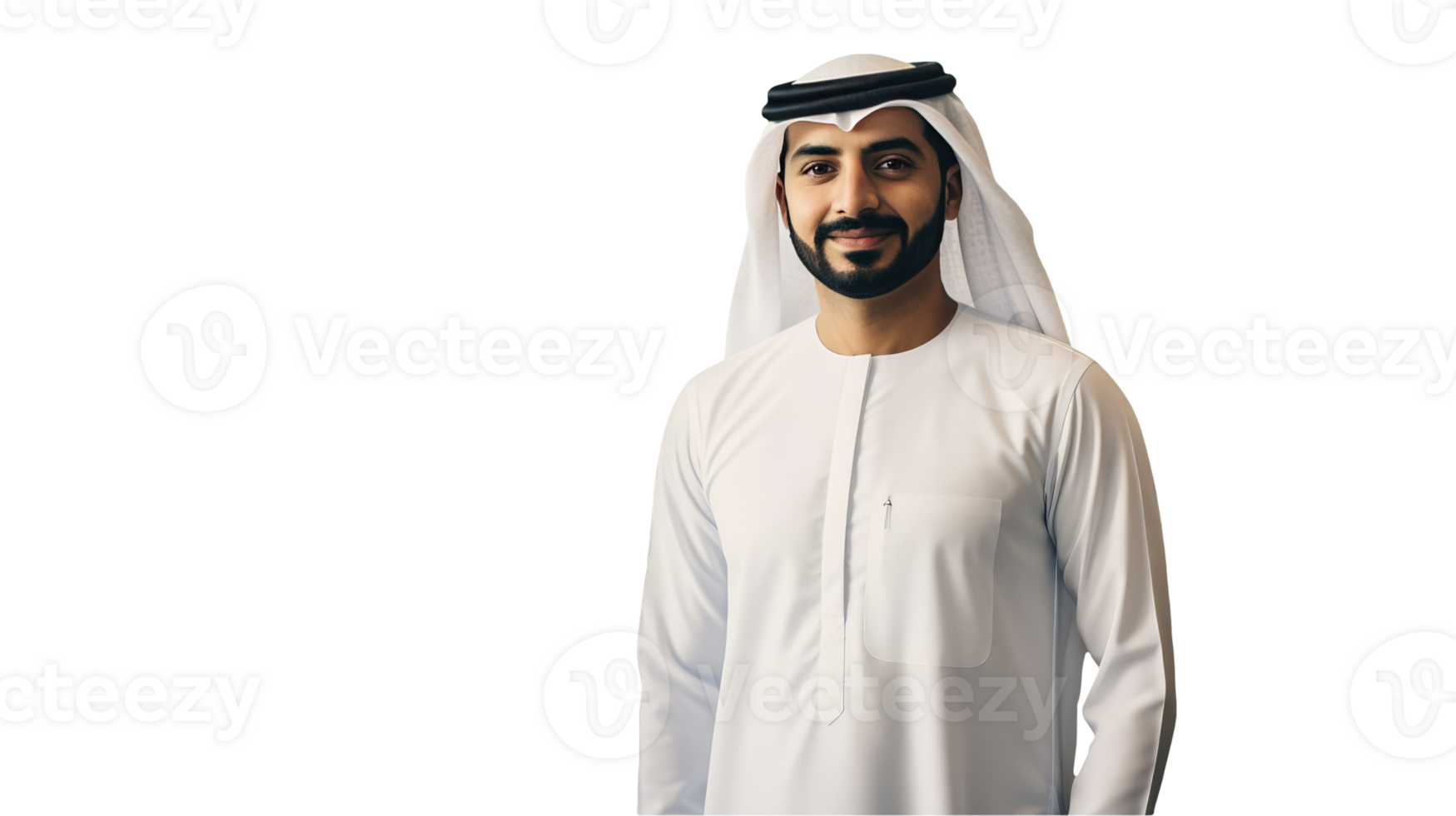Smiling Muslim Handsome Man Portrait Wearing White Thobe and Gutra. Generativve AI. png