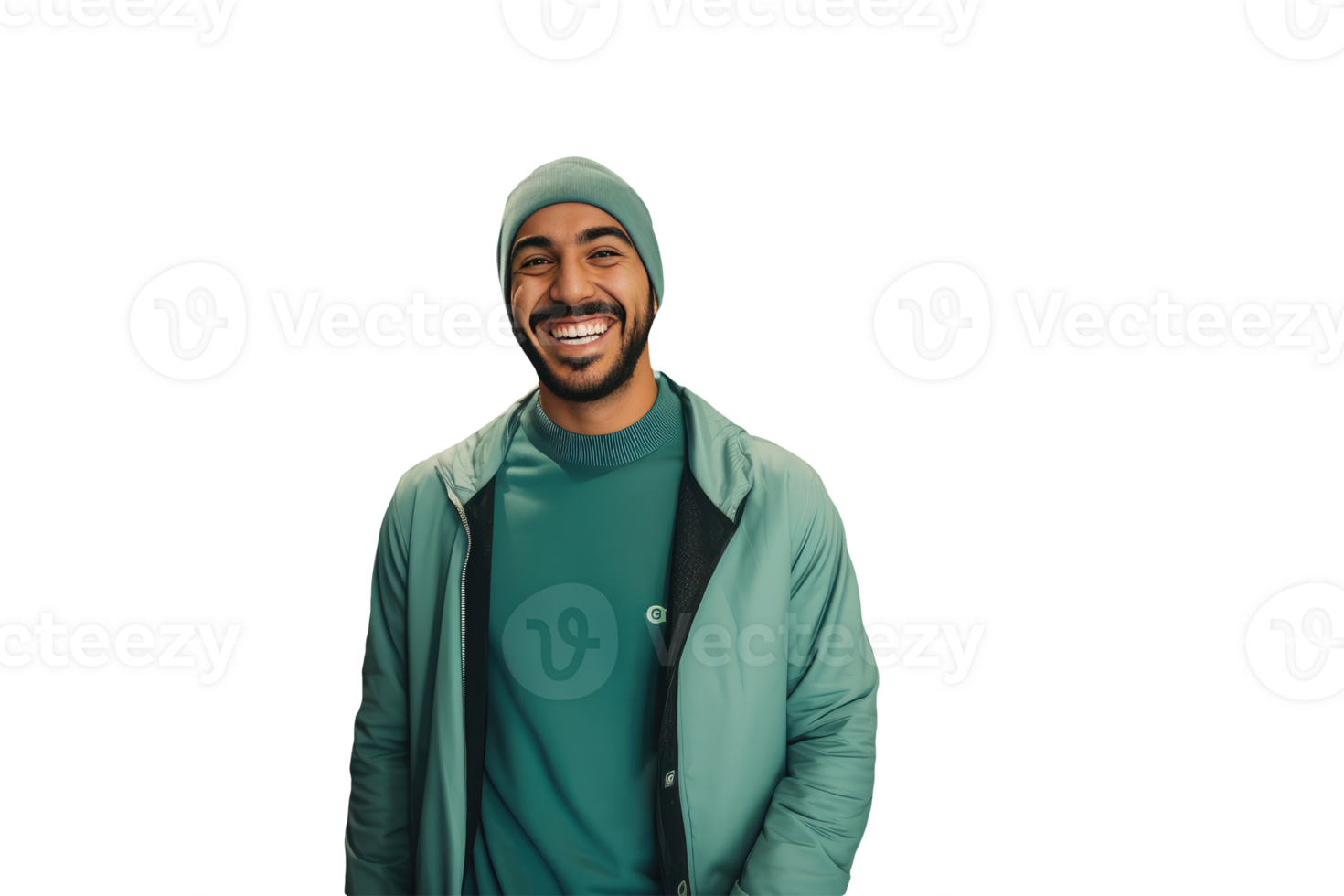Closeup Portrait of Big Smiling on Handsome Man Face and Wearing Green Beanie Cap and Jacket. . png
