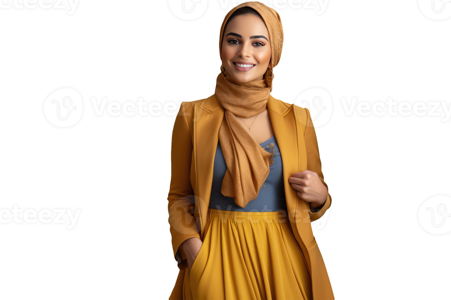 Sweet Smiling Muslim Woman Wearing Modern Suit and HIjab. . png