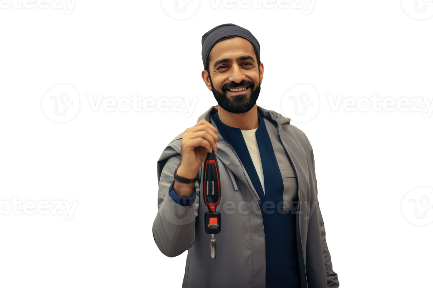 A Sweet Muslim Man Holding Key and Wearing Grey Jacket and Headscarf. . png