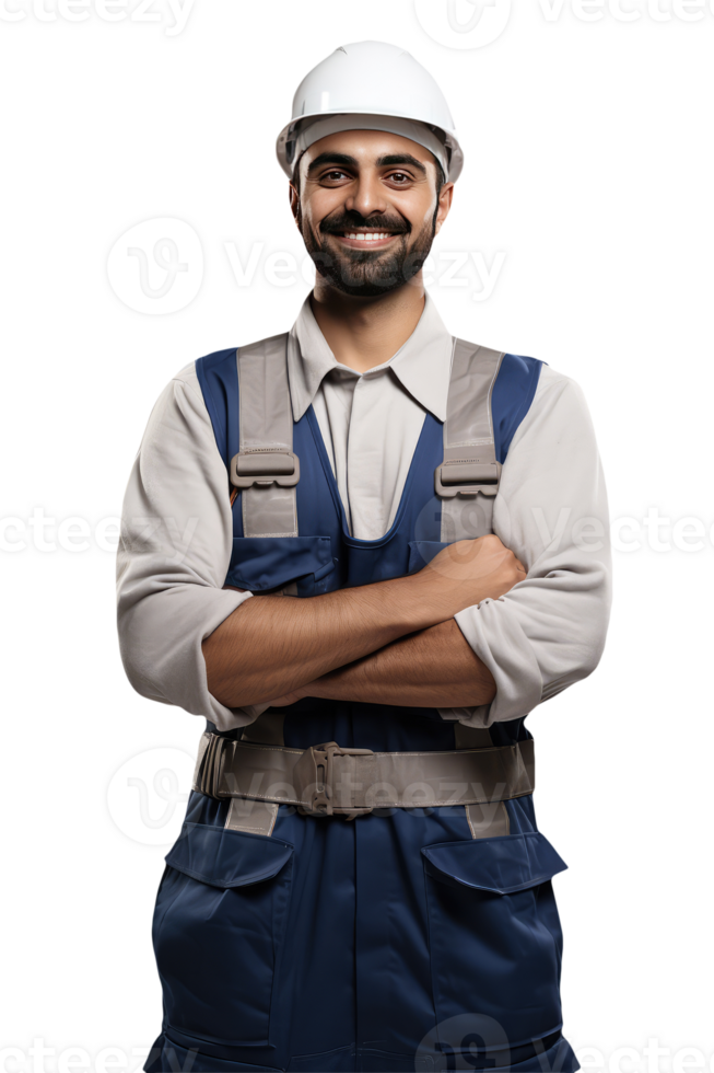 Warm Smiling Worker Man Wearing White Hardhat and Standing with Hand Crossed. Generative png