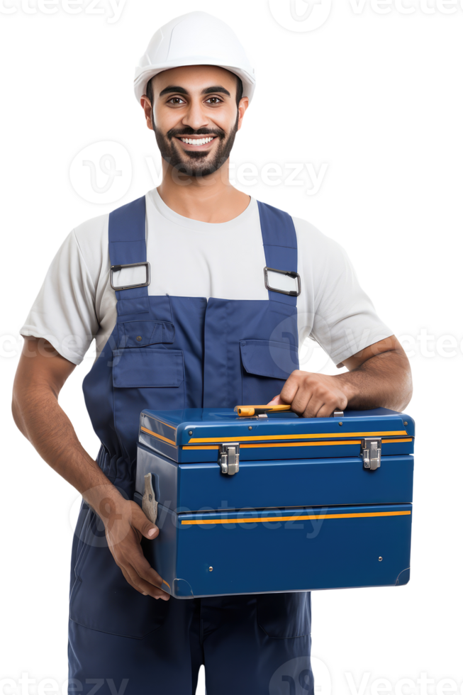 Warm Smiling Handsome Construction Worker Portrait Holding Tool Box. . png