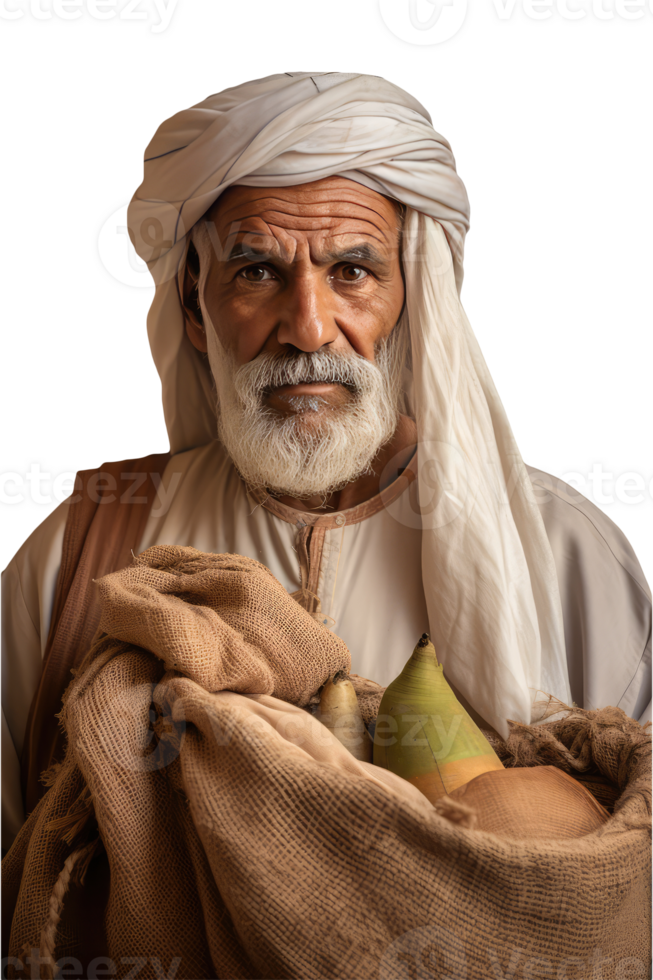 Isolated Old Arabic Man Holding Fruit Sack and Wearing Turban. . png