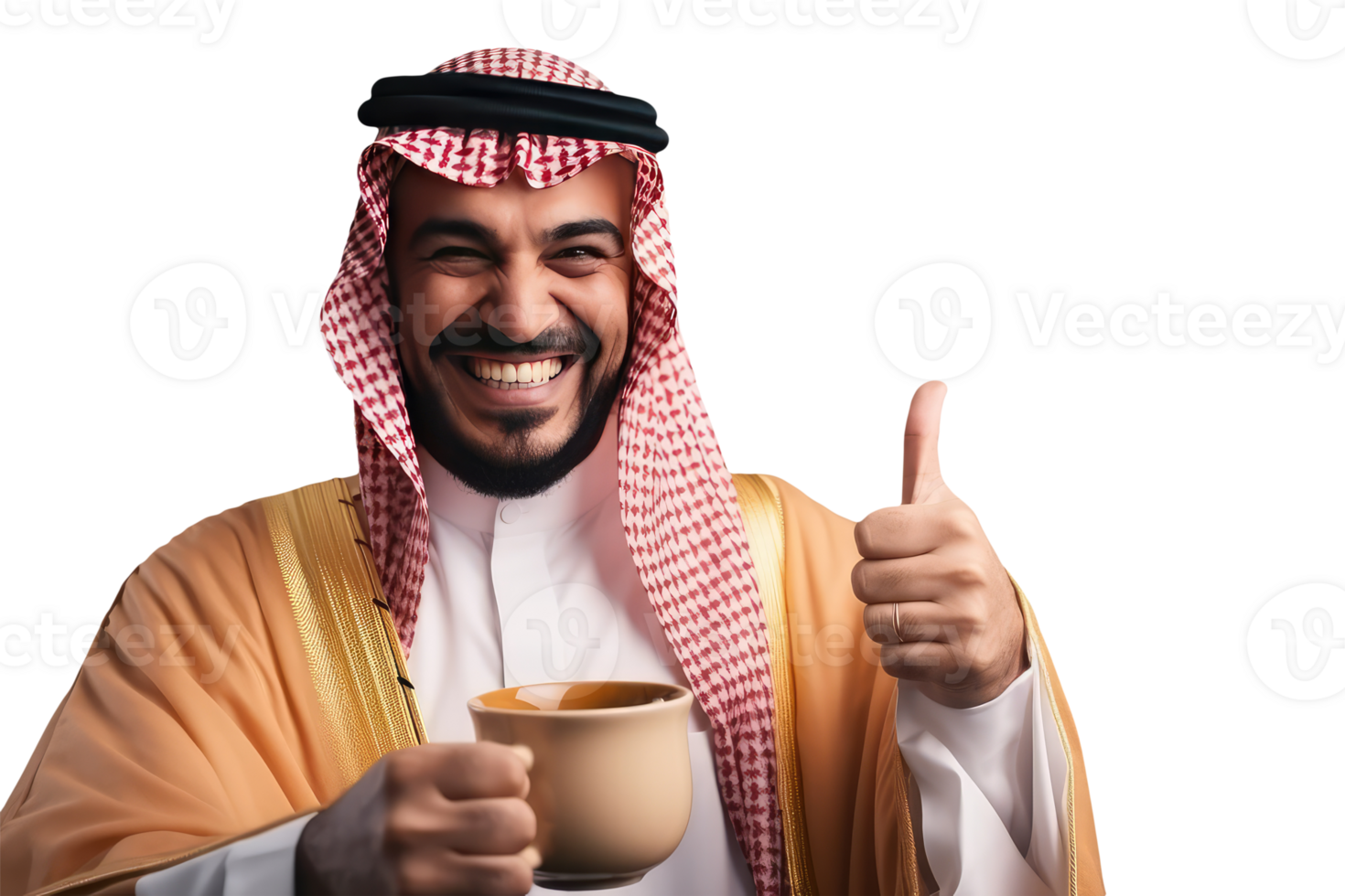 Happy Sheikh Portrait Giving Thumb Up and Holding Cup of Tea or Coffee. . png