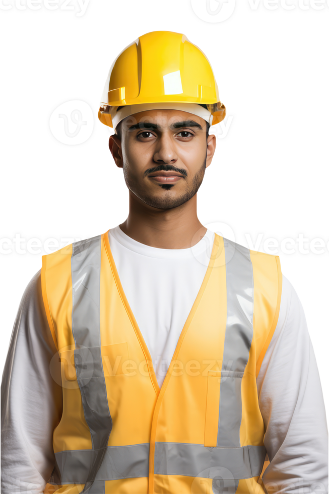 Isolated Handsome Worker Portrait Wearing Yellow Safety Vest and Helmet. . png