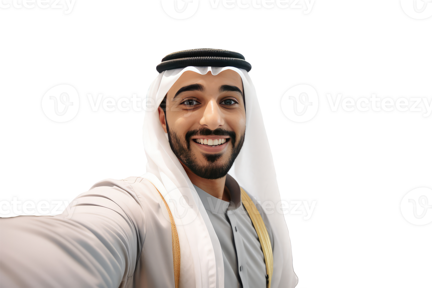 Smiling Muslim Handsome Man Portrait Wearing White Thobe and Gutra. Generativve AI. png