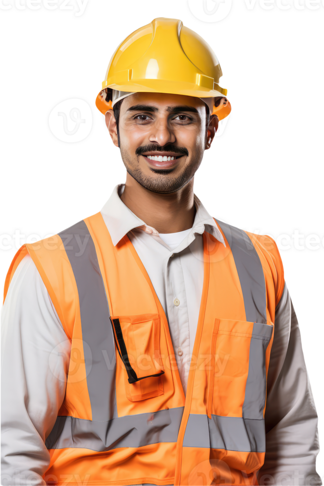 Smiling Worker Man Wearing Orange Safety Vest and Helmet. . png