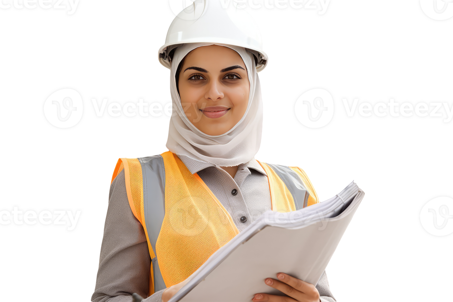 Beautiful Muslim Woman Portrait Wearing Construction Helmet and Holding Papers. . png