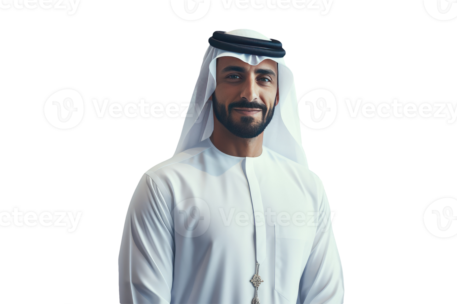 Closeup Portrait of Smiling Beared Man Wearing White Thobe and Gutra Created By Character . png
