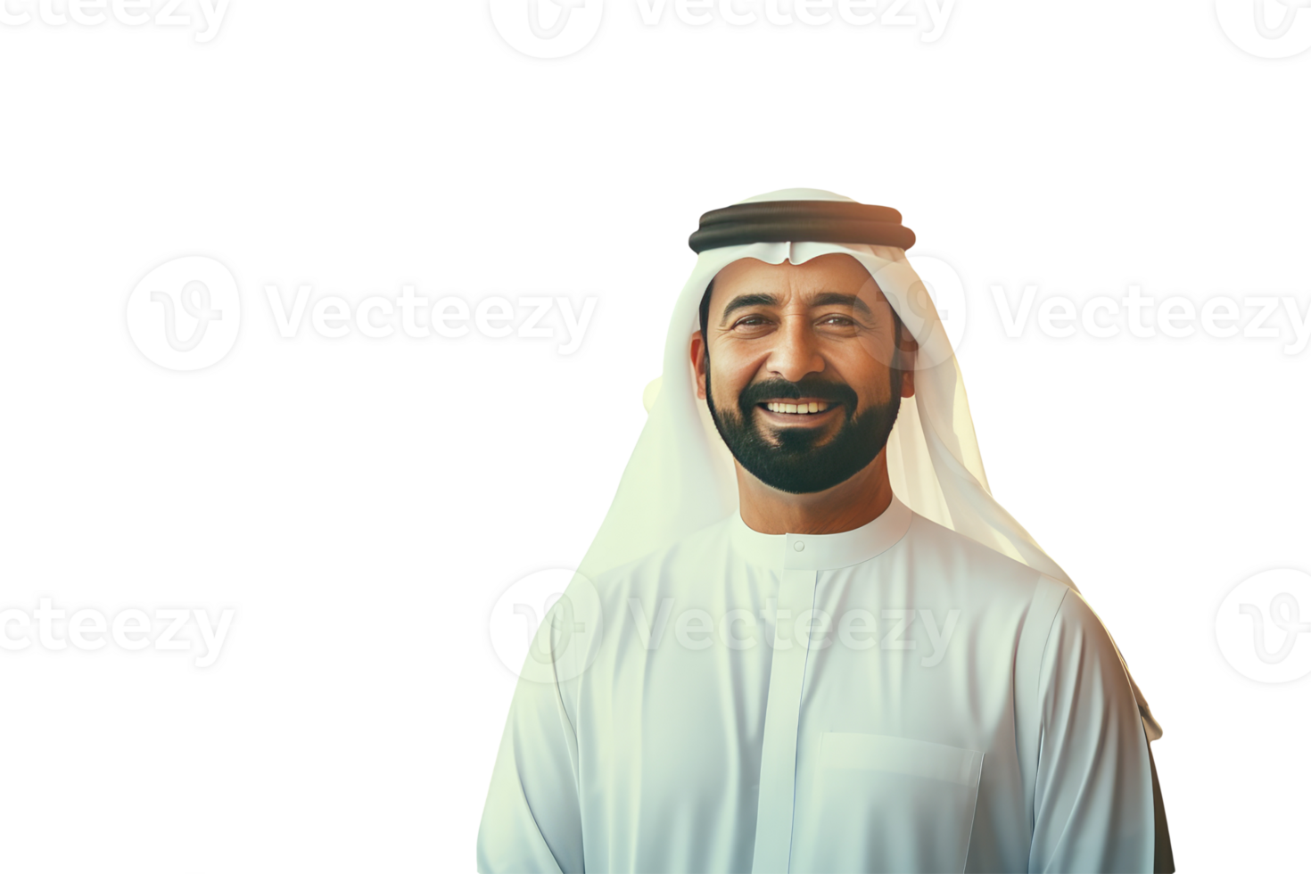 Closeup Portrait of Smiling Beared Man Wearing White Thobe and Gutra Created By Character . png