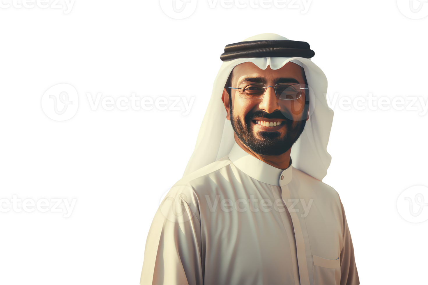 Closeup Portrait of Smiling Beared Man Wearing White Thobe and Gutra Created By Character . png