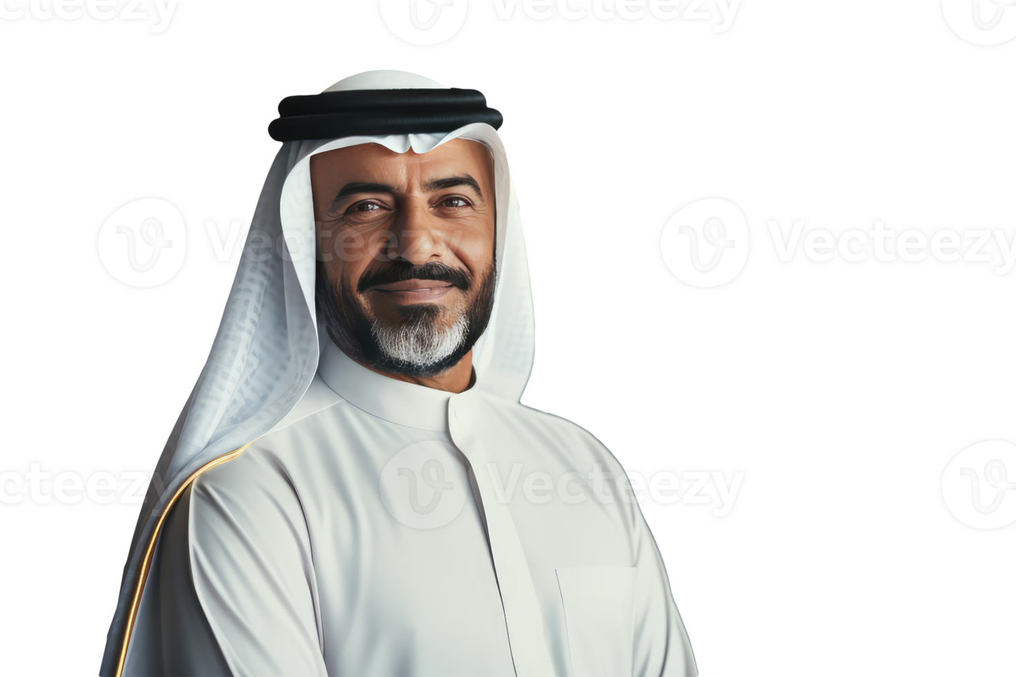 Closeup Portrait of Smiling Beared Man Wearing White Thobe and Gutra Created By Character . png