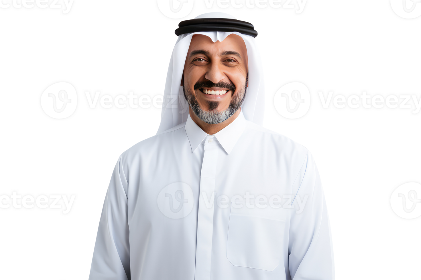 Closeup Portrait of Smiling Beared Man Wearing White Thobe and Gutra Created By Character . png