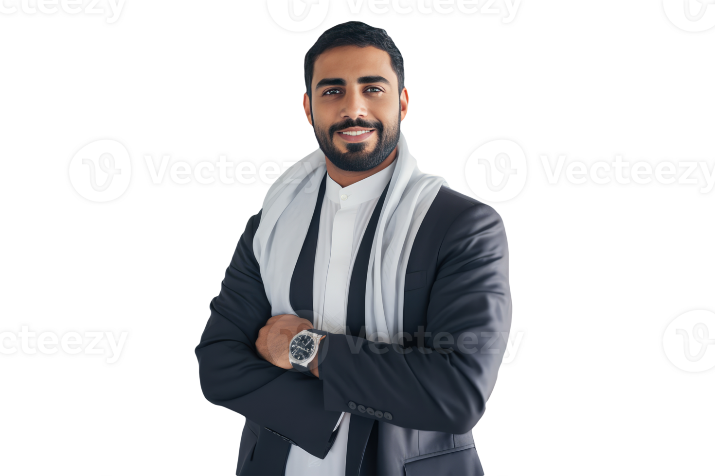 A Happy Businessman Wearing Grey Coat and White Scarf. . png