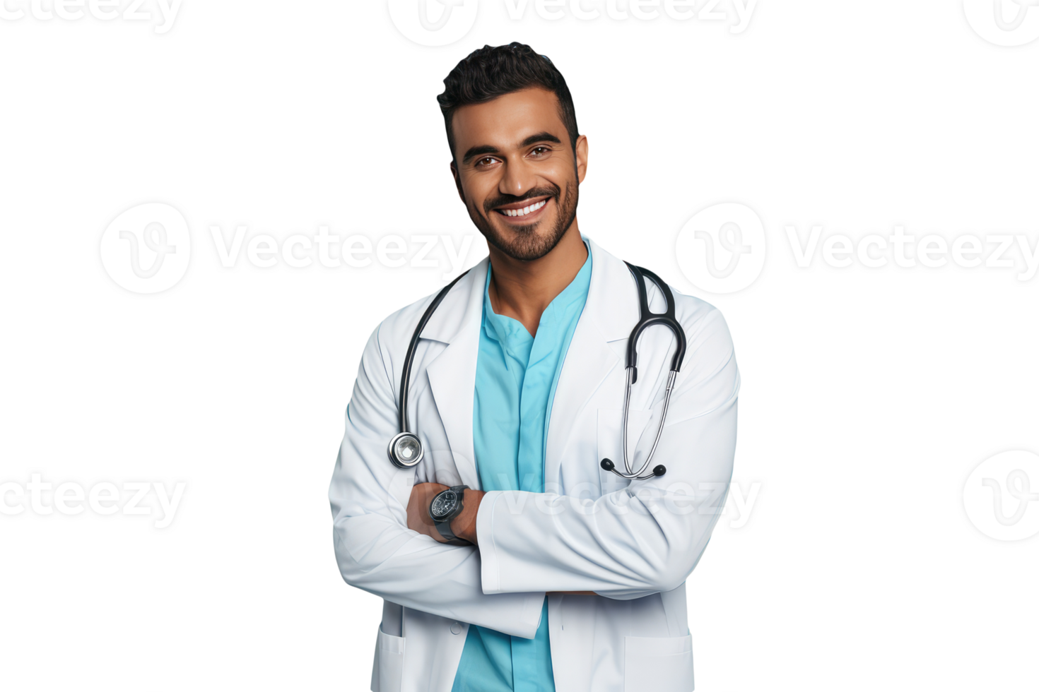 Happy Portrait of Young Male Doctor Wearing Stethoscope and Arms Crossed. . png