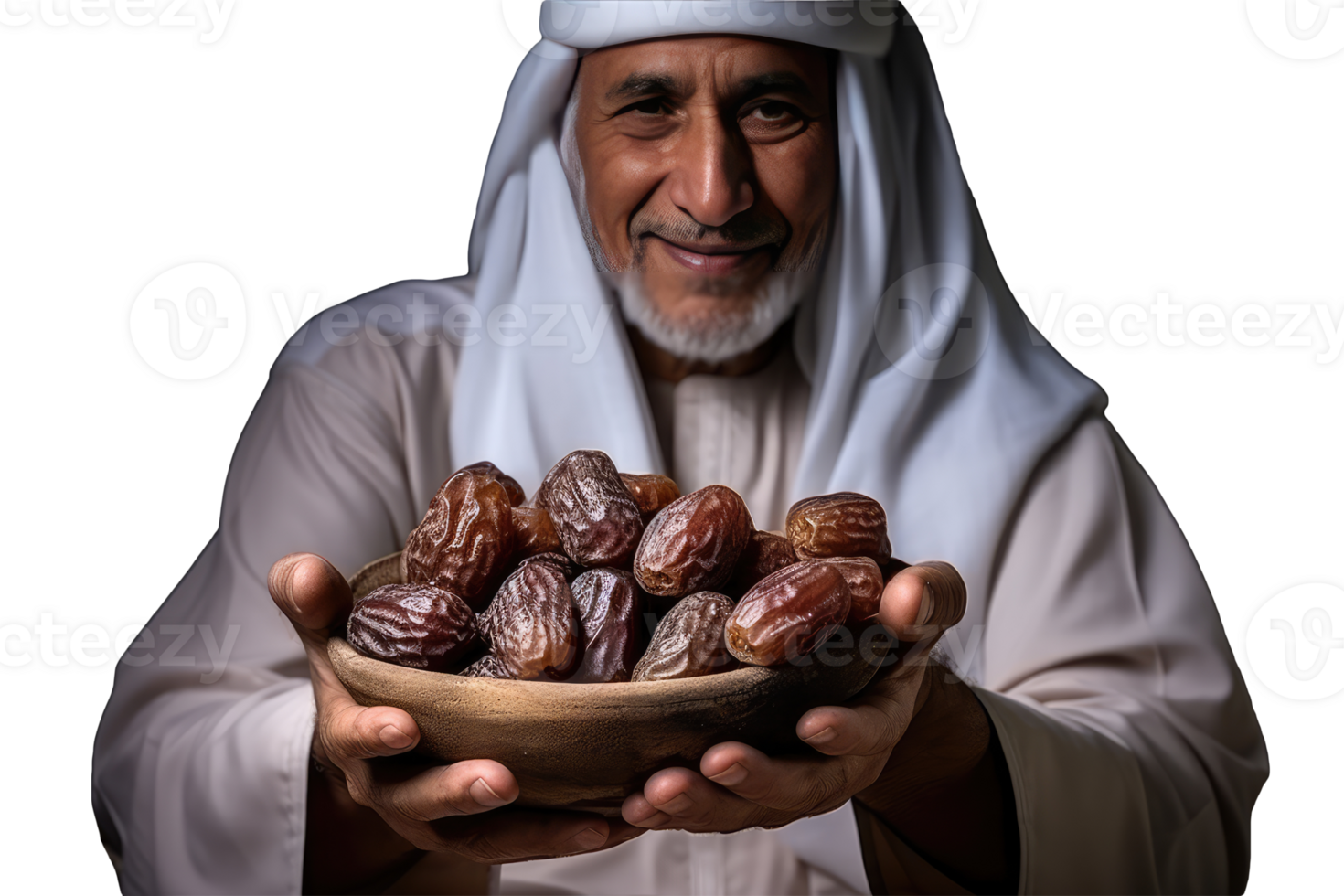 Isolated Mature Arabic Man Holding Bowl of Dates Created Character By . png